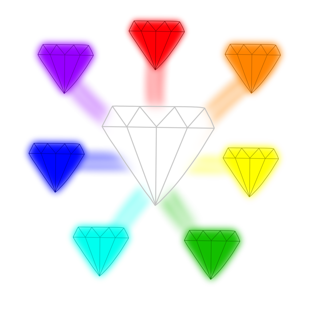 Seven prisms surround one larger one in the center. The outer prisms are red, orange, yellow, green, blue, indigo, and violet, while the center is white