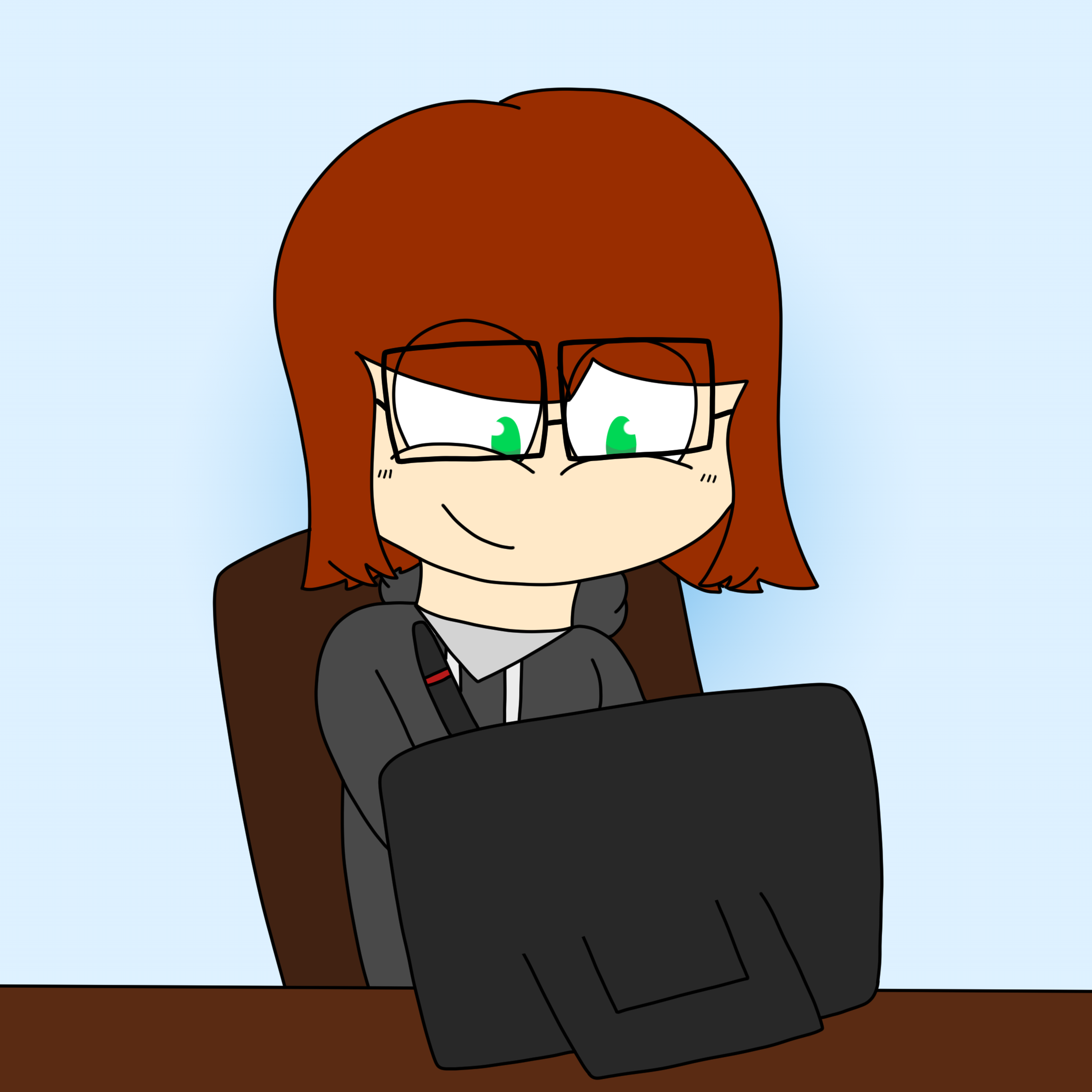 A girl with green eyes uses a drawing tablet to draw. She wears a gray hoodie and glasses, and is smiling
