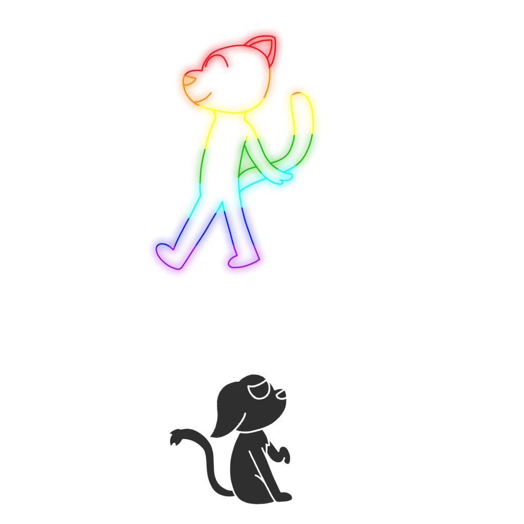 Above, a rainbow creature walks happily along. Below, a gray creature looks up sadly