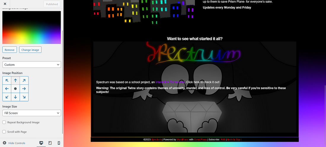 The second half of the homepage, showing the settings used to display the background image