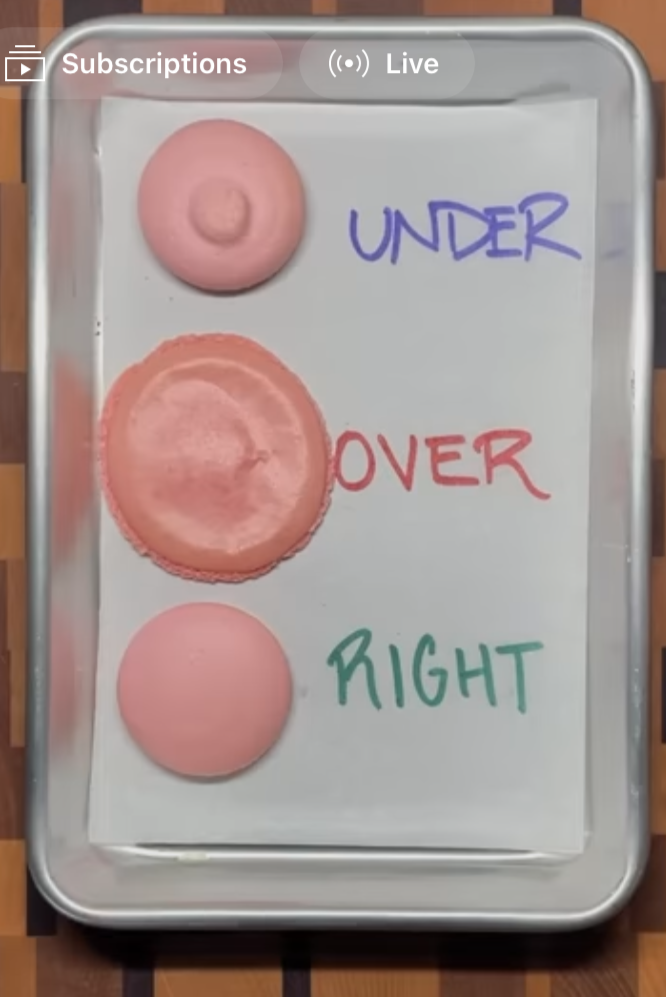 The results of three differently mixed macarons. The onder labeled Under has a rough top, the one labeled Over is flat, and the one labeled Right looks like a normal macaron
